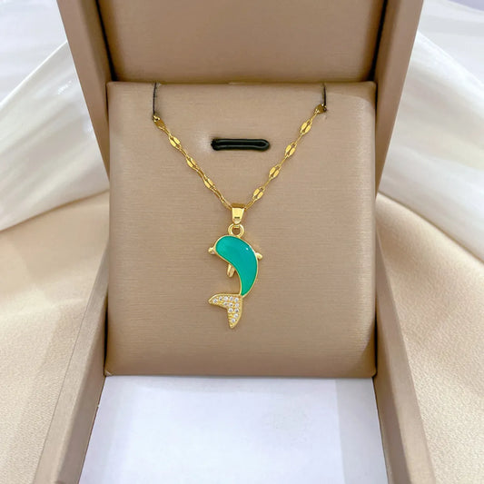 Cute Dolphin Stainless Steel Copper Enamel Plating Inlay Rhinestones Pendant Necklace