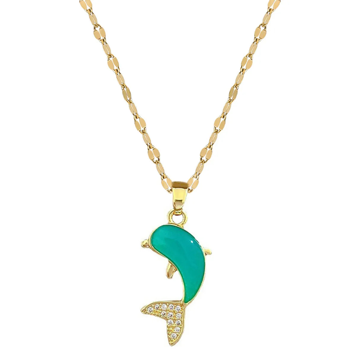 Cute Dolphin Stainless Steel Copper Enamel Plating Inlay Rhinestones Pendant Necklace