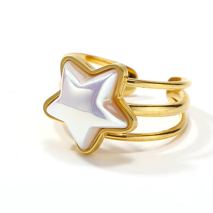 Cute Double Ring Star Stainless Steel Plating Inlay Shell Gold Plated Open Rings