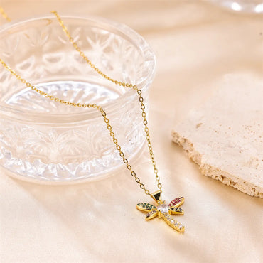 Cute Dragonfly Stainless Steel Copper Plating Inlay Zircon 18k Gold Plated Pendant Necklace