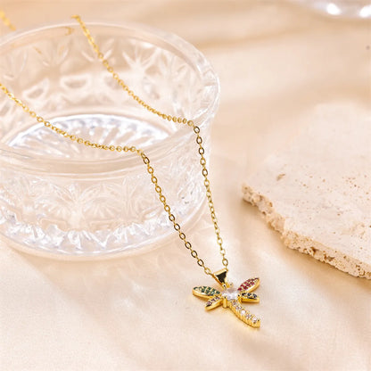 Cute Dragonfly Stainless Steel Copper Plating Inlay Zircon 18k Gold Plated Pendant Necklace