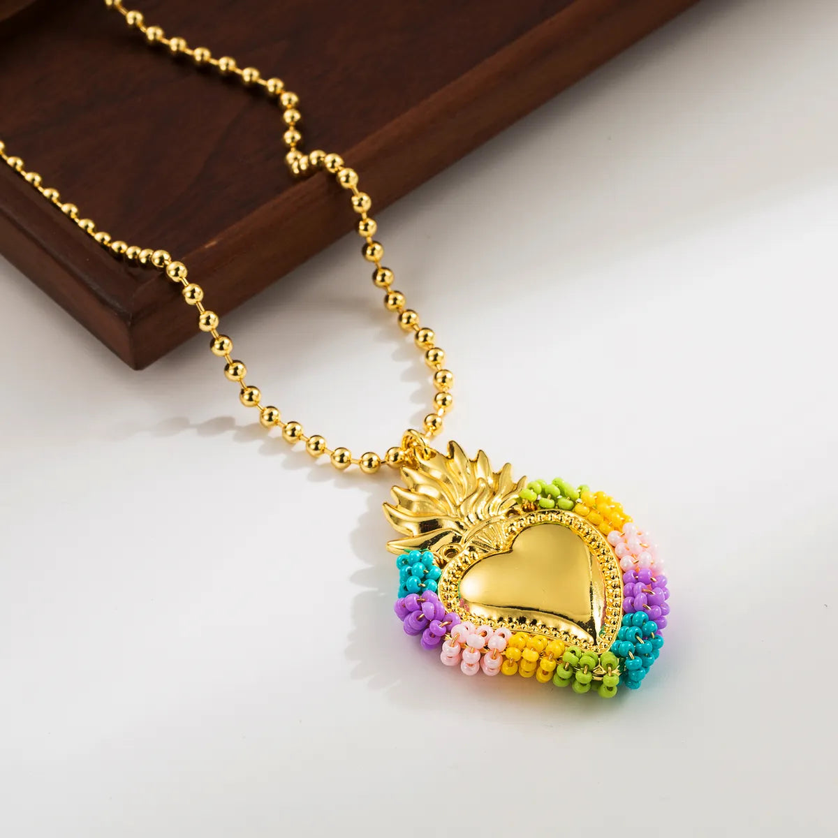 Cute Exaggerated Formal Heart Shape 18K Gold Plated Seed Bead Copper Wholesale Pendant Necklace