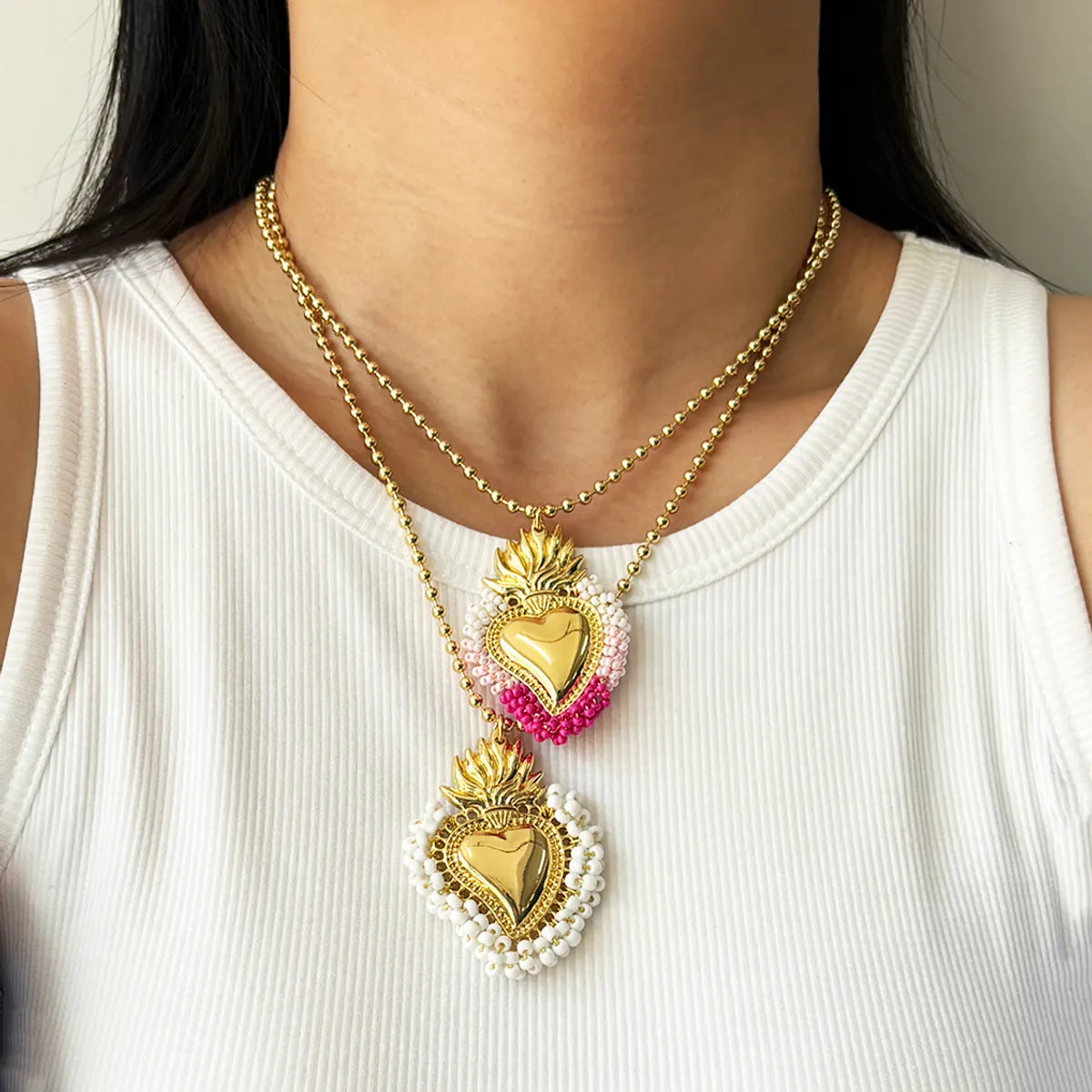 Cute Exaggerated Formal Heart Shape 18K Gold Plated Seed Bead Copper Wholesale Pendant Necklace