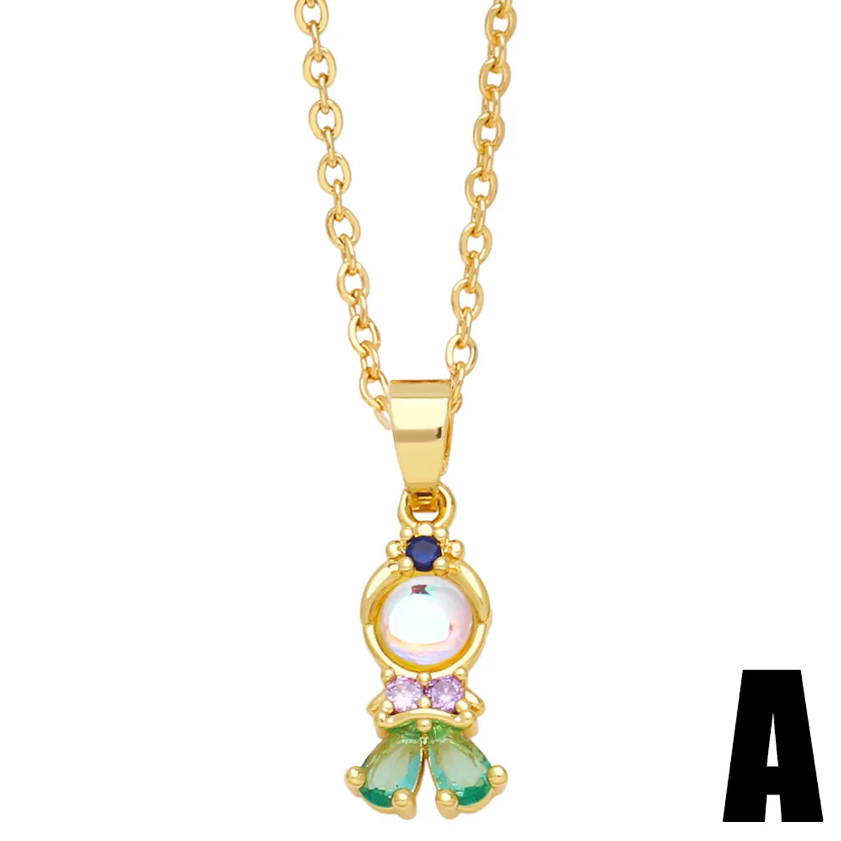 Cute Fashion Simple Style Cartoon Character Mermaid Copper Plating Inlay Zircon 18k Gold Plated Necklace