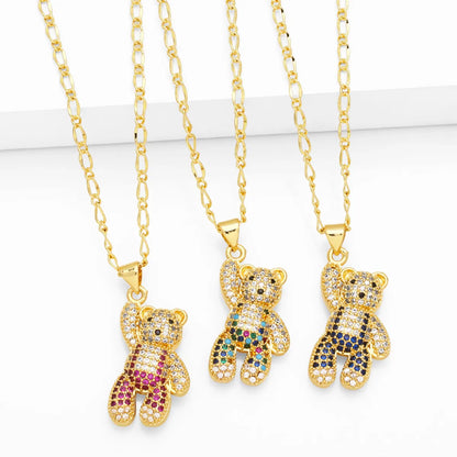 Cute Fashion Sweet Bear Copper 18k Gold Plated Zircon Necklace In Bulk