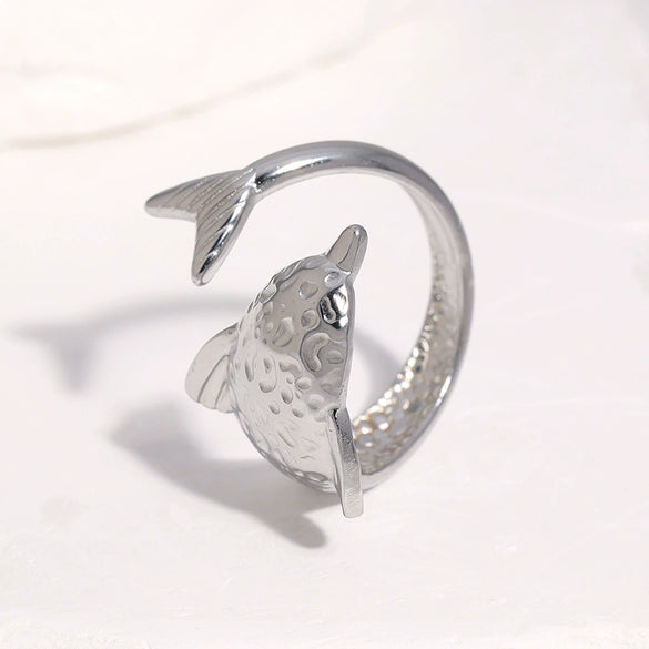 Cute Fish Shaped Stainless Steel Open Ring For Women With Animal Pattern And Electroplated Finish