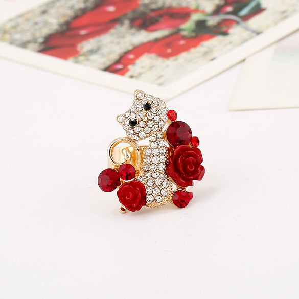 Cute Floral Cat Adjustable Alloy Ring With Micro Inlaid Crystal And Resin Rose Diamond Treated Fashion Ring For Women