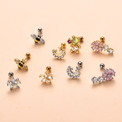 Cute Flower Bee Copper Plating Inlay Zircon Ear Studs 1 Piece