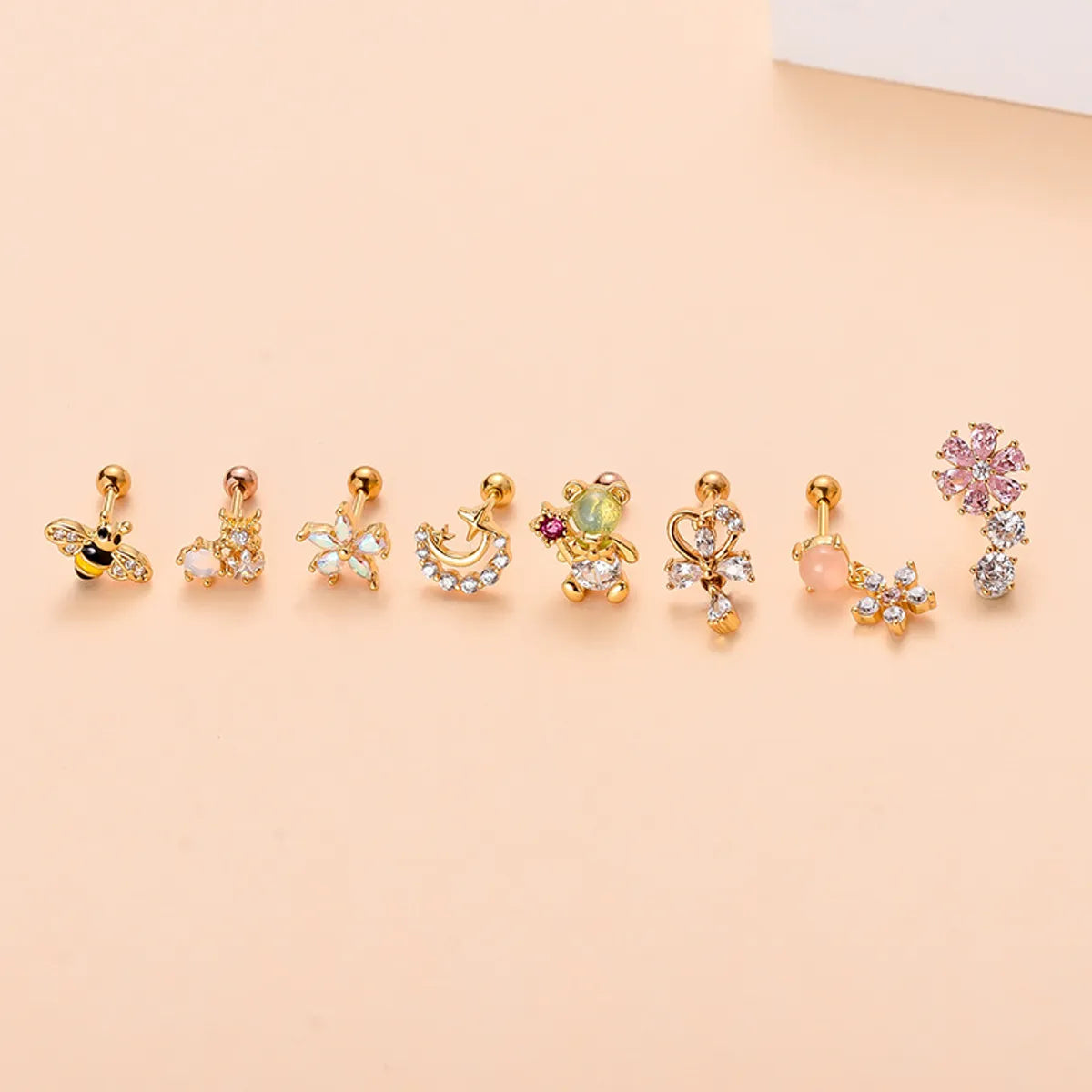 Cute Flower Bee Copper Plating Inlay Zircon Ear Studs 1 Piece