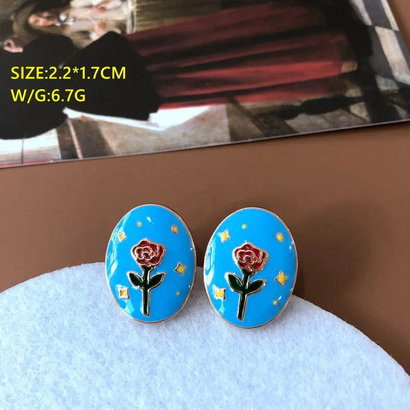 Cute Flower Bird Cartoon Character Heart Sky Blue Enamel Earrings