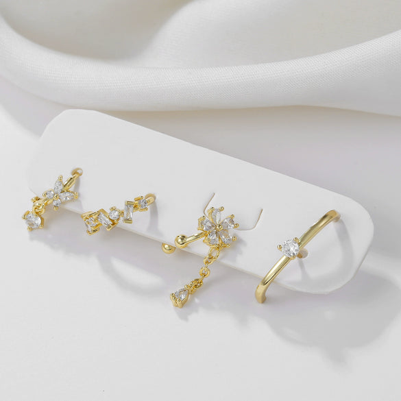 Cute Flower Zircon Earrings Copper Plated 18K Gold For Women Without Pierced Ears