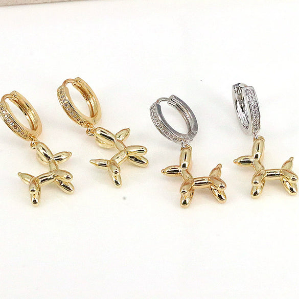 Cute Geometric Balloon Dog Copper Earrings With Micro Inlaid Zircon Diamond Cut Personality Ear Buckle Style