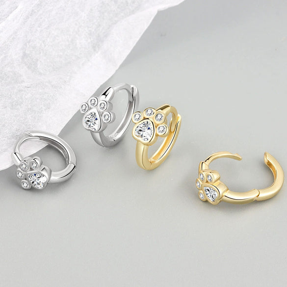 Cute Geometric Cat Claw Footprint Earrings For Women In 925 Sterling Silver With Zircon Inlay Electroplated Ear Buckle Design