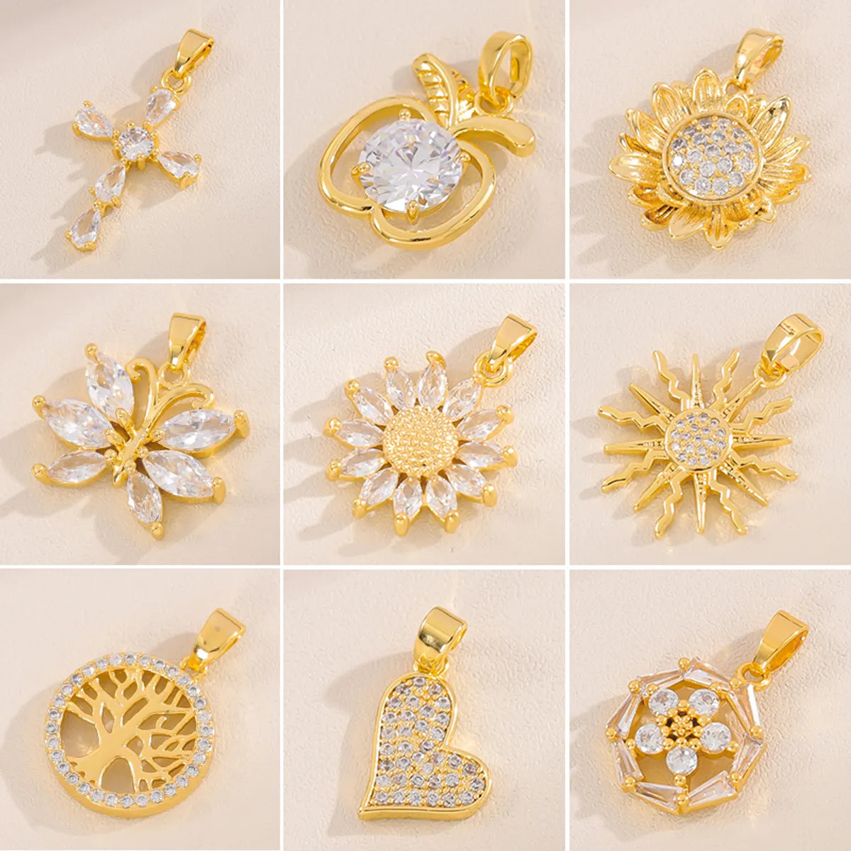 Wholesale Cute Handmade Shiny Sunflower Leaves Heart Shape Brass Plating Inlay 18K Gold Plated Zircon