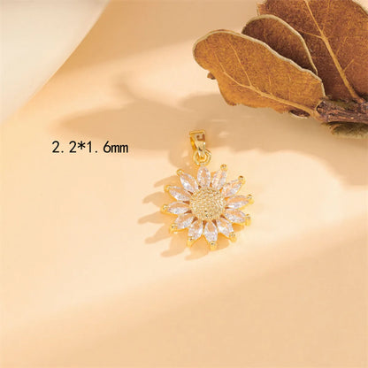 Wholesale Cute Handmade Shiny Sunflower Leaves Heart Shape Brass Plating Inlay 18K Gold Plated Zircon