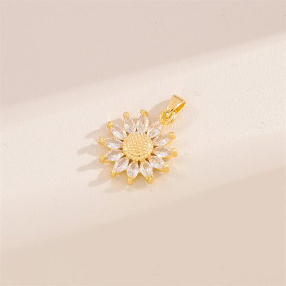 Wholesale Cute Handmade Shiny Sunflower Leaves Heart Shape Brass Plating Inlay 18K Gold Plated Zircon