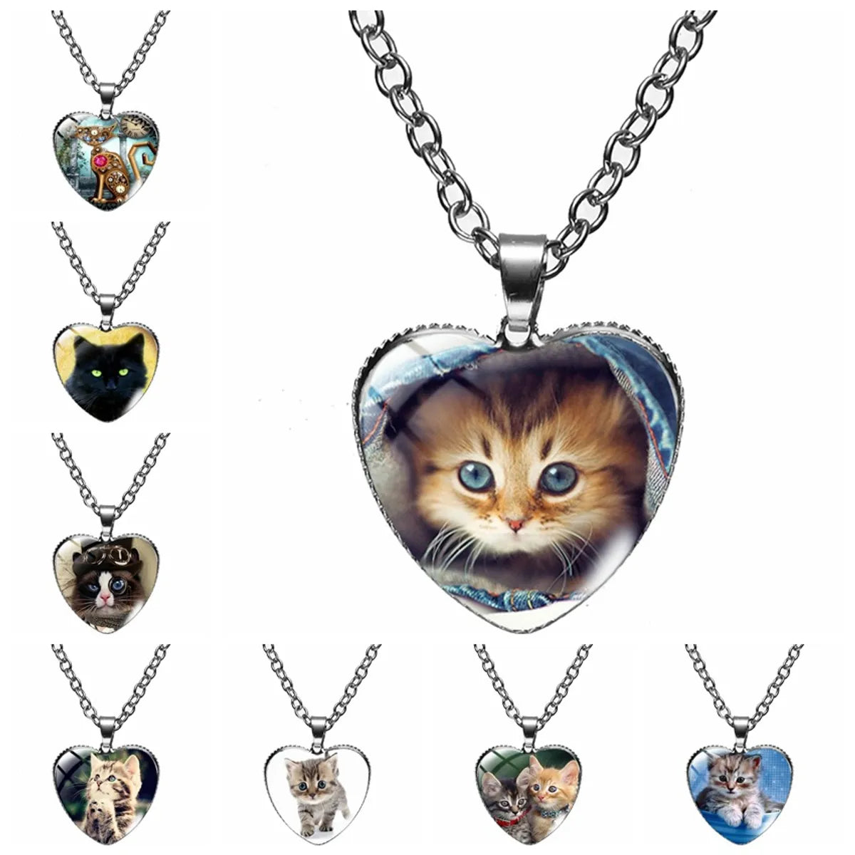 Cute Heart Shape Cat Glass Glass Plating Women's Pendant Necklace