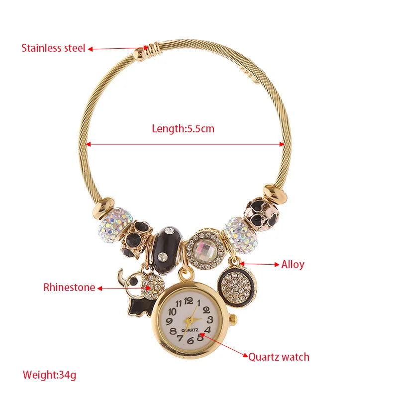 Cute Heart Shape Clock 304 Stainless Steel Alloy Gold Plated Rhinestones Bangle In Bulk