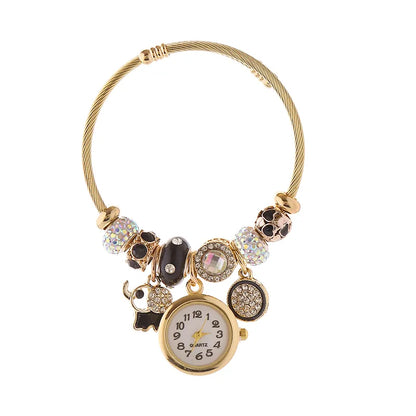 Cute Heart Shape Clock 304 Stainless Steel Alloy Gold Plated Rhinestones Bangle In Bulk