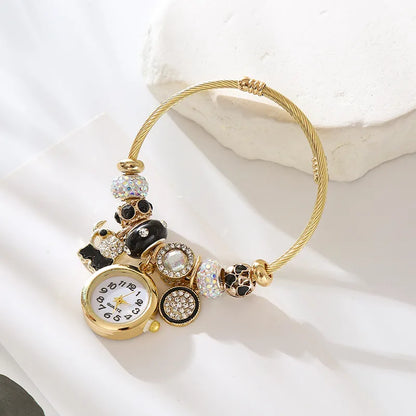 Cute Heart Shape Clock 304 Stainless Steel Alloy Gold Plated Rhinestones Bangle In Bulk