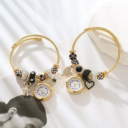 Cute Heart Shape Clock 304 Stainless Steel Alloy Gold Plated Rhinestones Bangle In Bulk