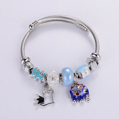 Alloy Resin Copper Cute Beaded Epoxy Inlay Heart Shape Elephant Rhinestones Bangle