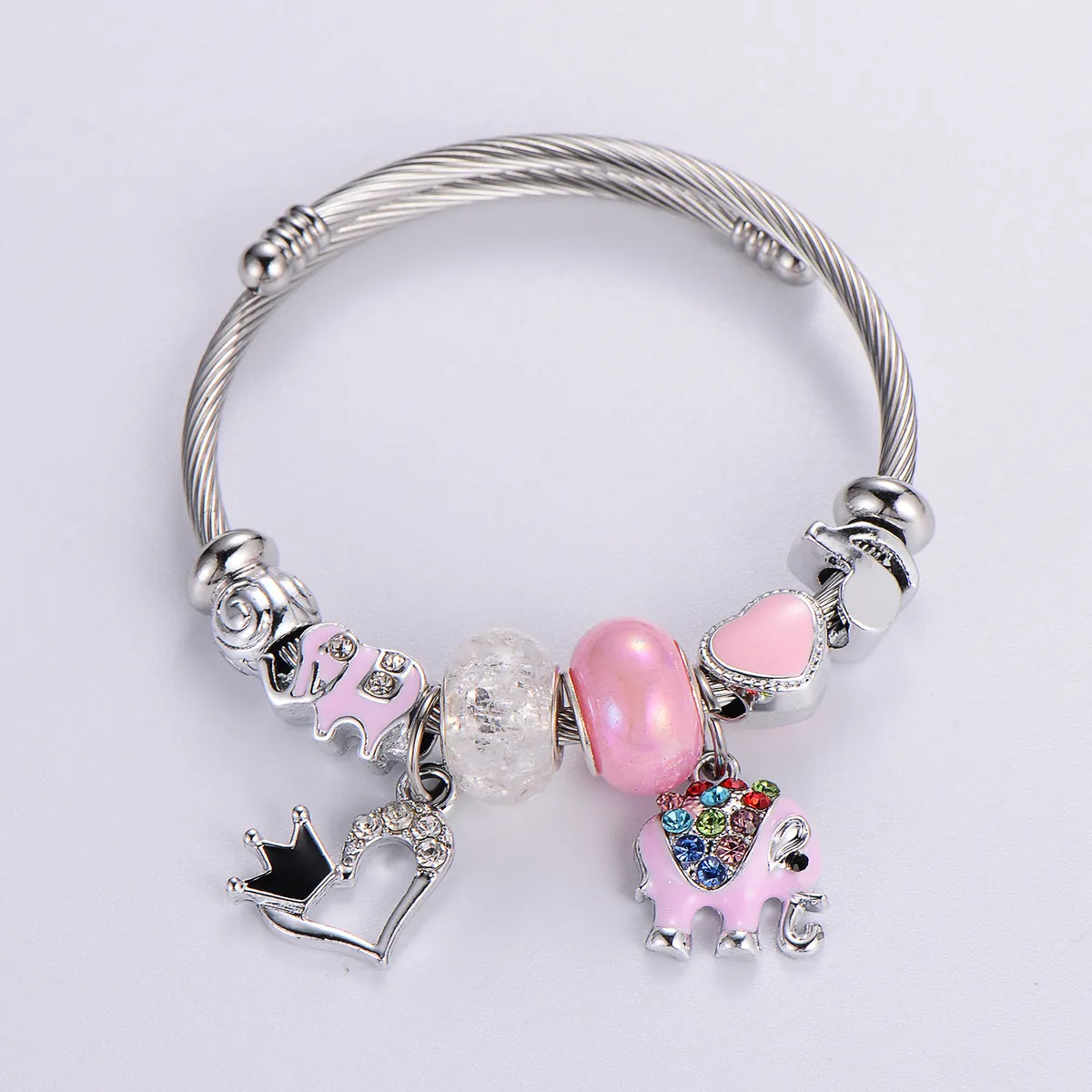 Alloy Resin Copper Cute Beaded Epoxy Inlay Heart Shape Elephant Rhinestones Bangle