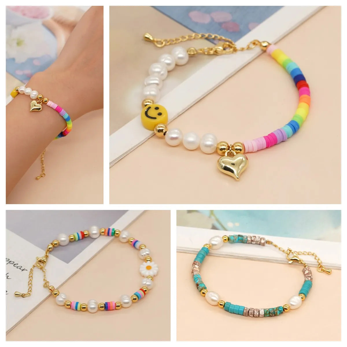 Cute Heart Shape Smiley Face Flower Freshwater Pearl Soft Clay Beaded Bracelets