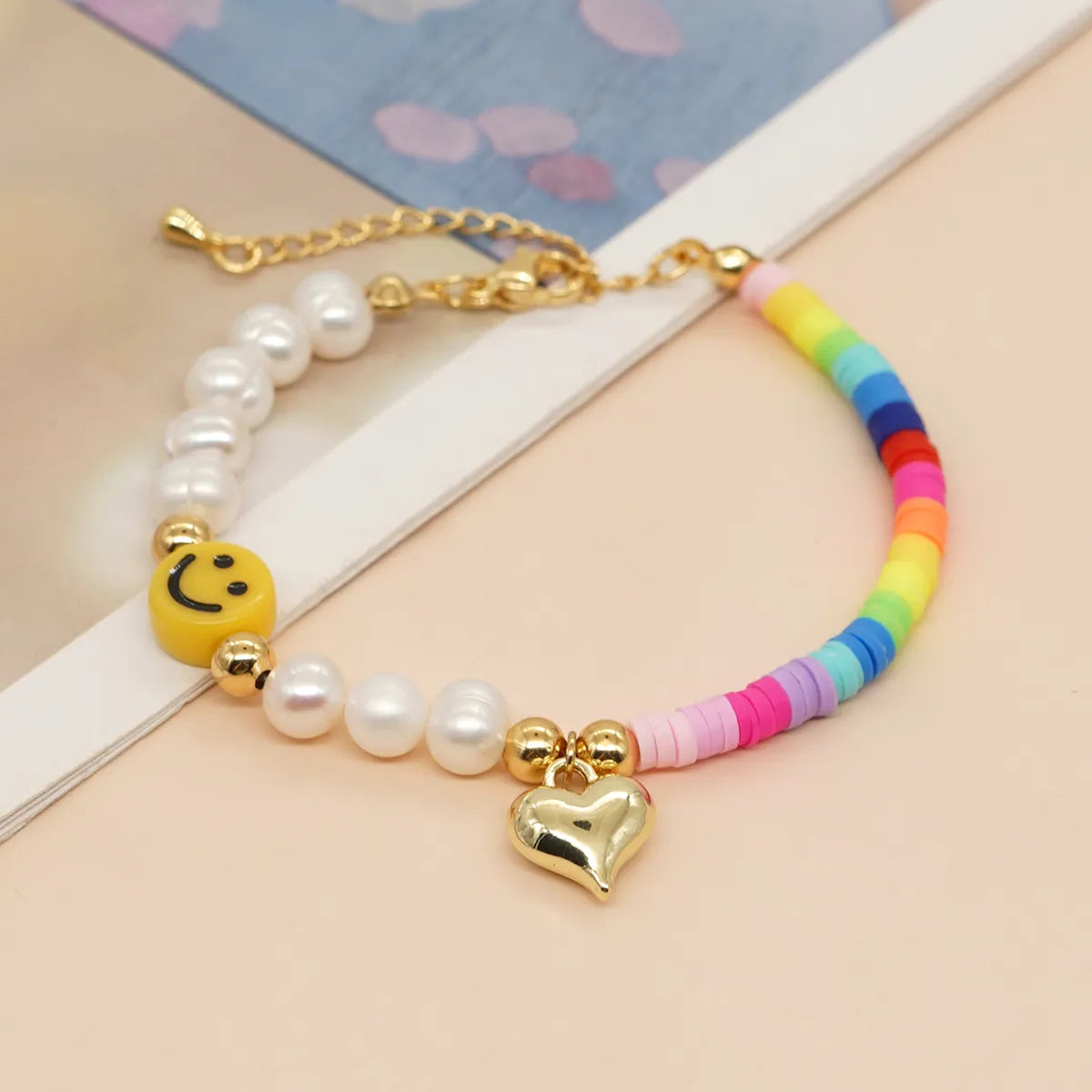 Cute Heart Shape Smiley Face Flower Freshwater Pearl Soft Clay Beaded Bracelets