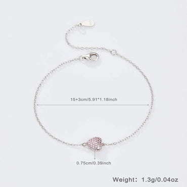 Cute Heart Shape Sterling Silver Plating Inlay Zircon White Gold Plated Bracelets