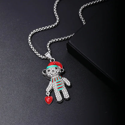 Cute Hip-Hop Little Bear Stainless Steel Alloy Inlay Rhinestones Men'S Pendant Necklace