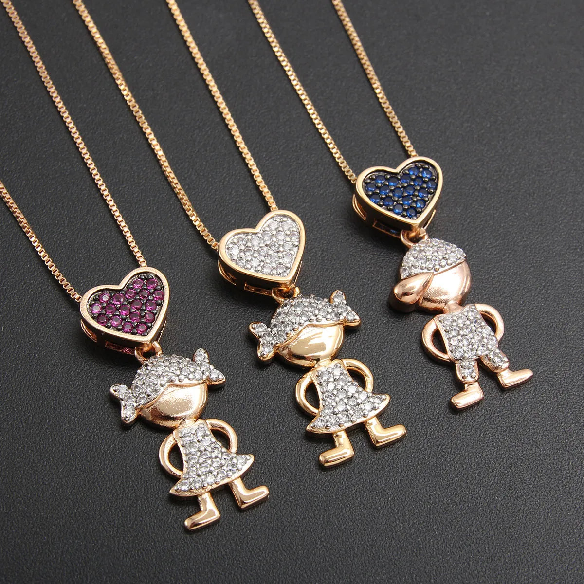 Cute Human Heart Shape Copper Gold Plated Zircon Pendant Necklace In Bulk