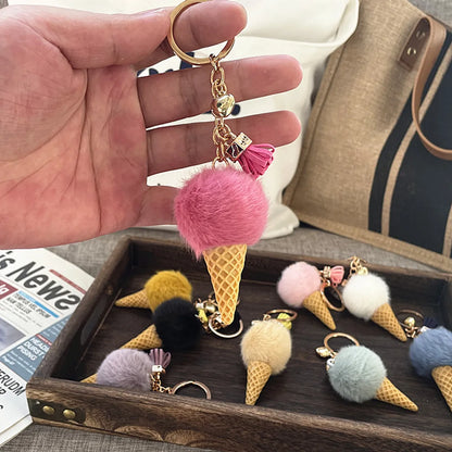 Cute Ice Cream Artificial Mink Hair Kid'S Bag Pendant Keychain