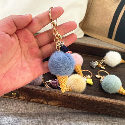 Cute Ice Cream Artificial Mink Hair Kid'S Bag Pendant Keychain