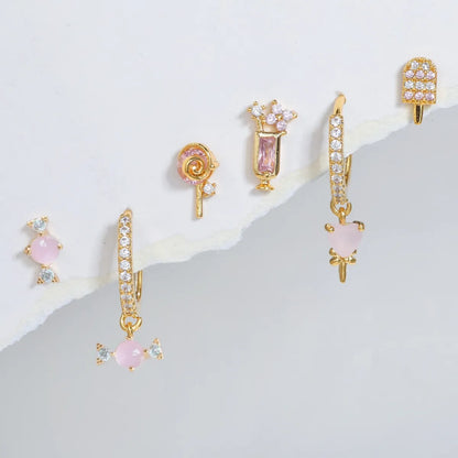 Cute Ice Cream Candy Copper Asymmetrical Inlay Zircon Dangling Earrings Ear Studs 1 Set