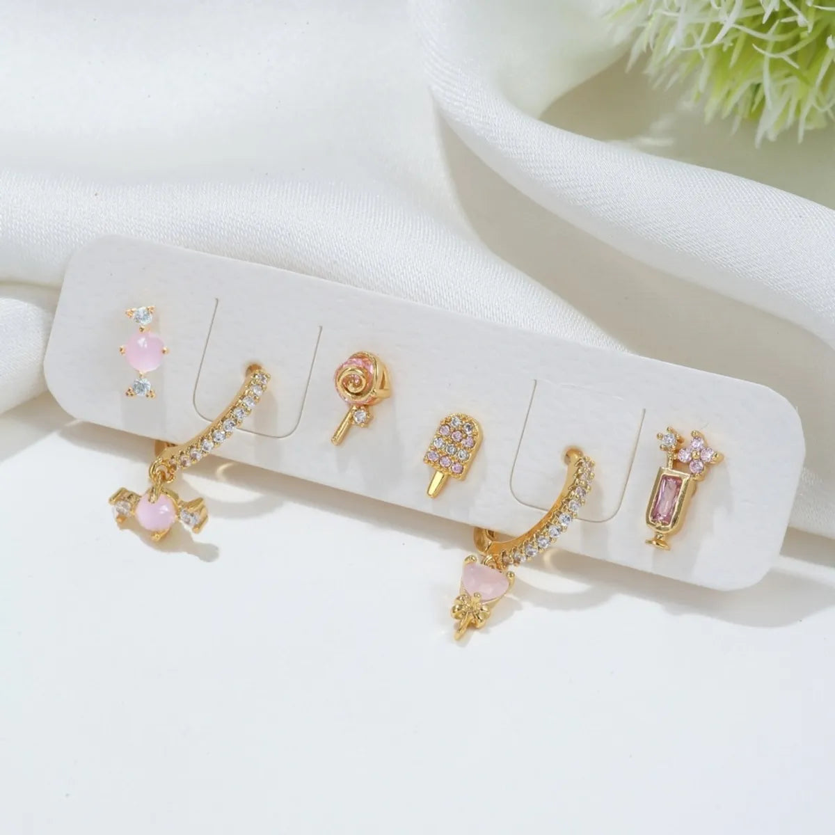 Cute Ice Cream Candy Copper Asymmetrical Inlay Zircon Dangling Earrings Ear Studs 1 Set