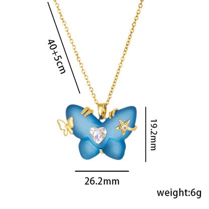 Cute Lady Butterfly Stainless Steel Plating Inlay Resin 18k Gold Plated Pendant Necklace