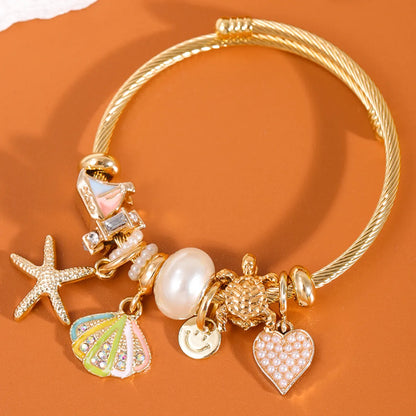 Cute Lady Sweet Starfish Heart Shape Alloy Inlay Pearl Women'S Bangle