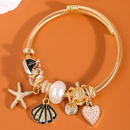 Cute Lady Sweet Starfish Heart Shape Alloy Inlay Pearl Women'S Bangle