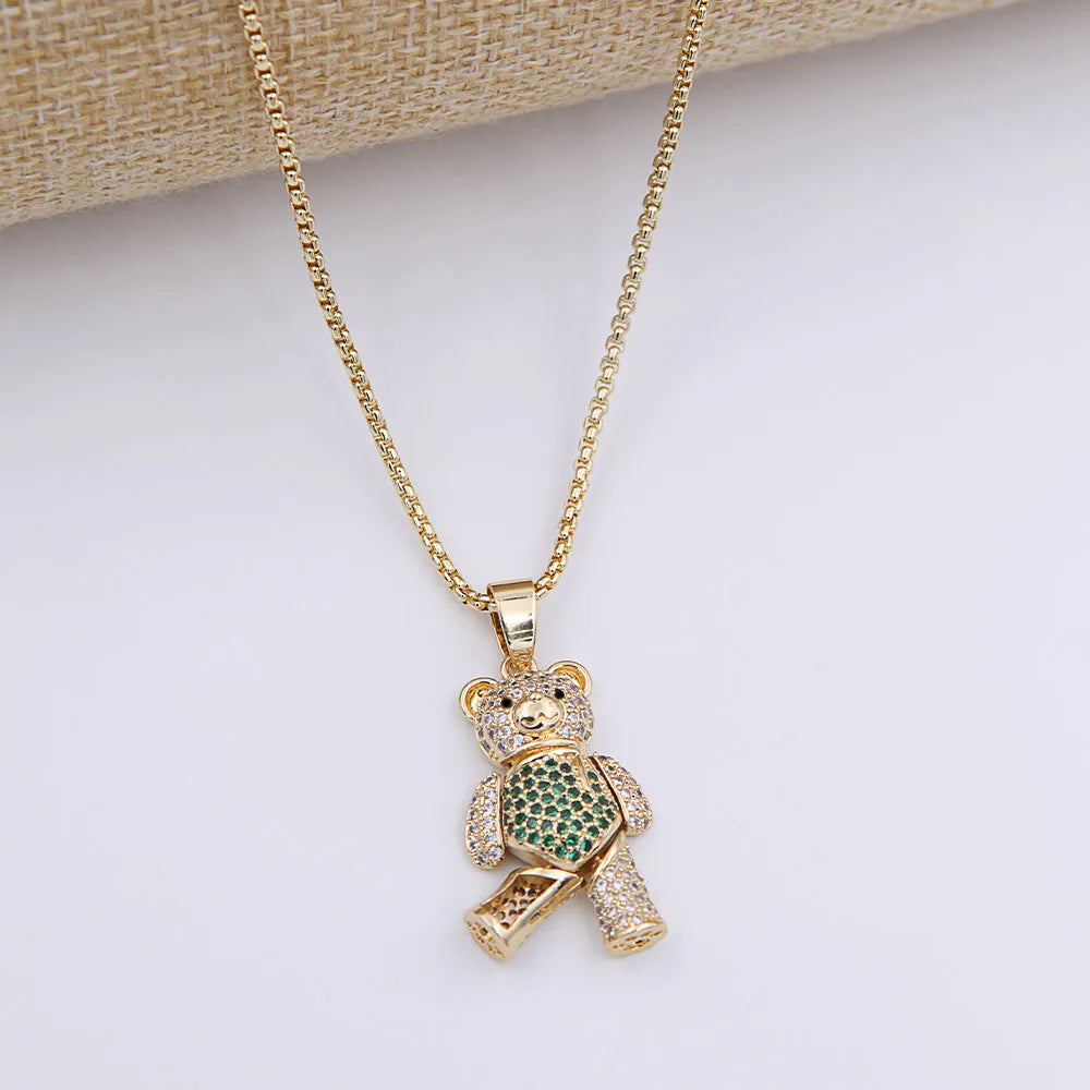 Cute Little Bear Copper 18k Gold Plated Zircon Pendant Necklace In Bulk