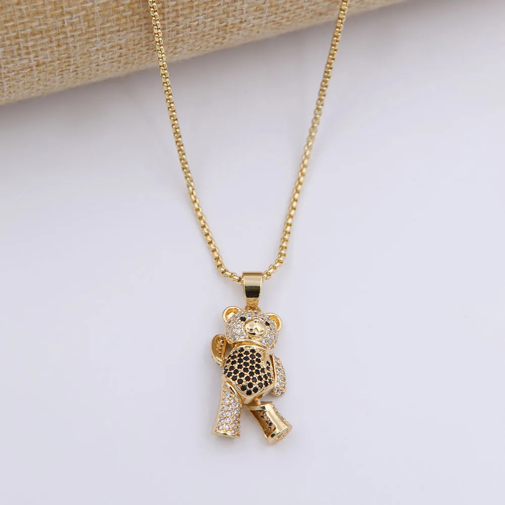 Cute Little Bear Copper 18k Gold Plated Zircon Pendant Necklace In Bulk