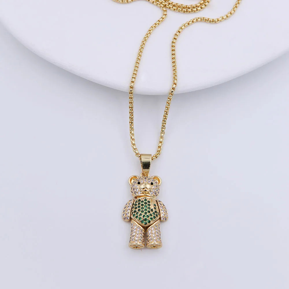 Cute Little Bear Copper 18k Gold Plated Zircon Pendant Necklace In Bulk