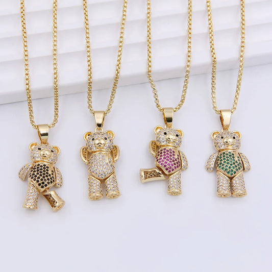 Cute Little Bear Copper 18k Gold Plated Zircon Pendant Necklace In Bulk