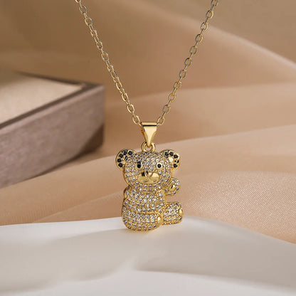 Cute Little Bear Copper Plating Inlay Zircon 18k Gold Plated Pendant Necklace