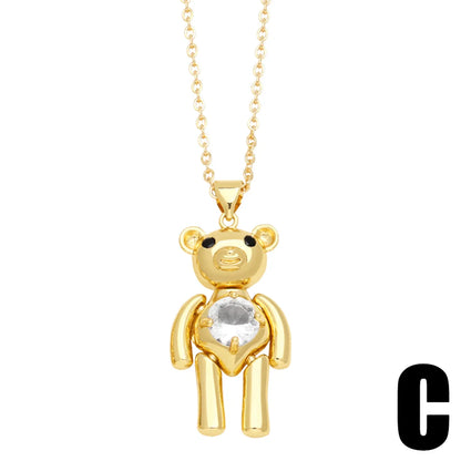 Wholesale Jewelry Cute Little Bear Stainless Steel Copper Zircon 18K Gold Plated Inlay Pendant Necklace