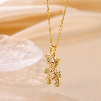 Stainless Steel Copper Cute Plating Inlay Little Bear Zircon Pendant Necklace