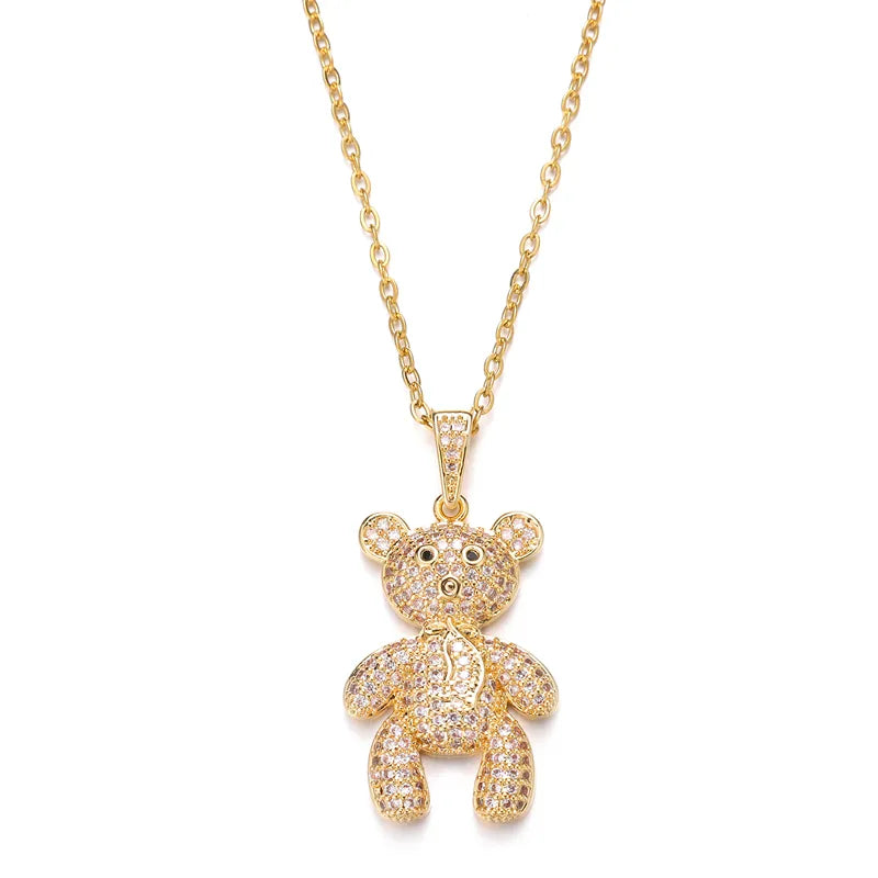 Stainless Steel Copper Cute Plating Inlay Little Bear Zircon Pendant Necklace