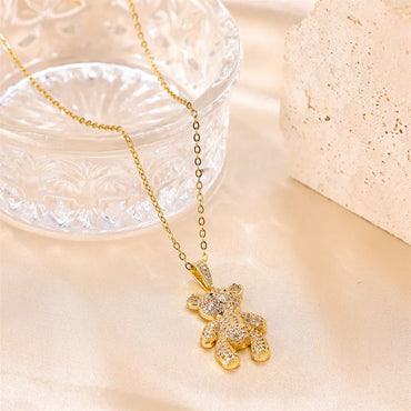 Stainless Steel Copper Cute Plating Inlay Little Bear Zircon Pendant Necklace