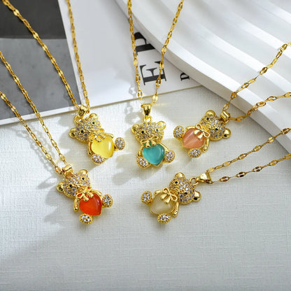 Cute Little Bear Titanium Steel Copper Plating Inlay Zircon 18k Gold Plated Pendant Necklace