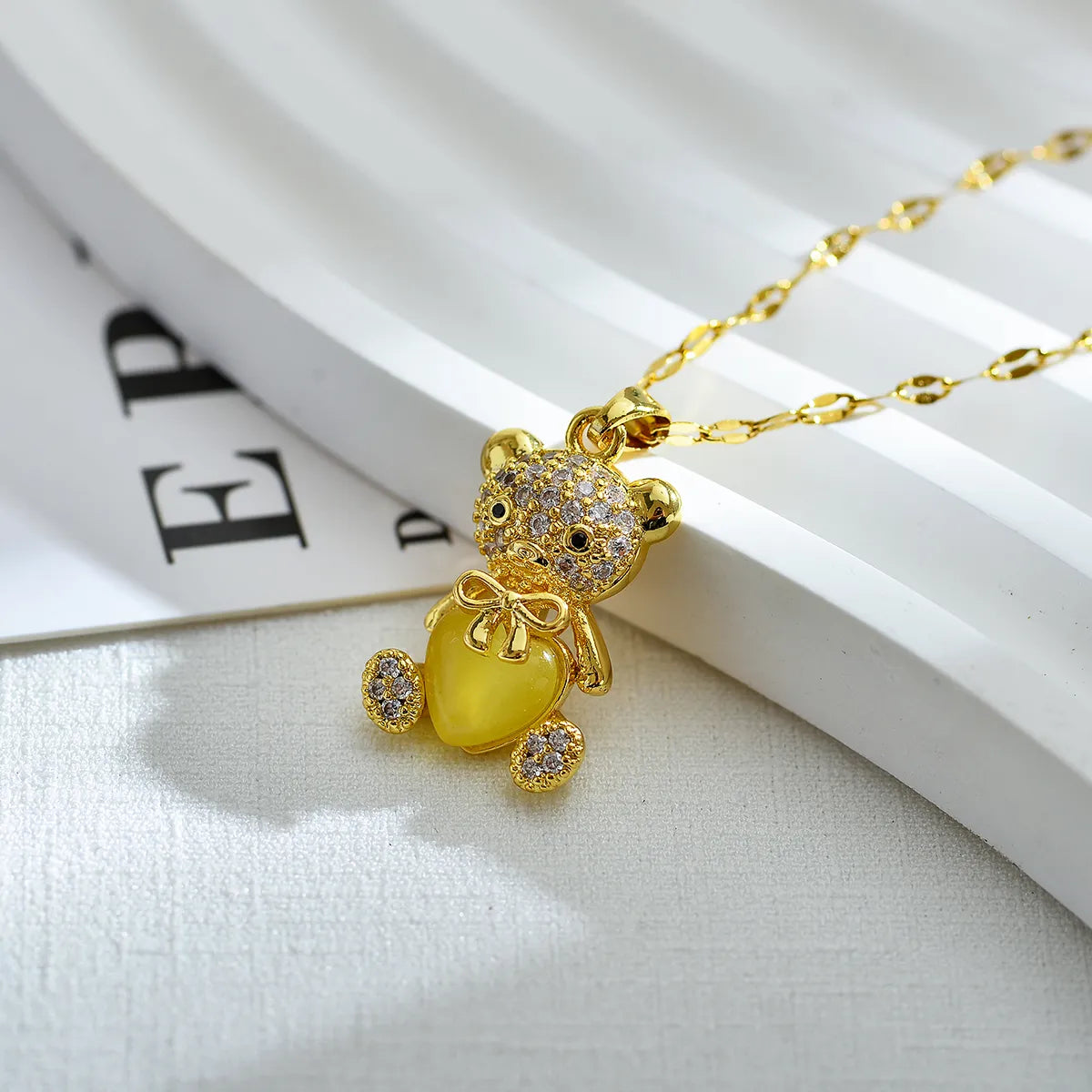 Cute Little Bear Titanium Steel Copper Plating Inlay Zircon 18k Gold Plated Pendant Necklace